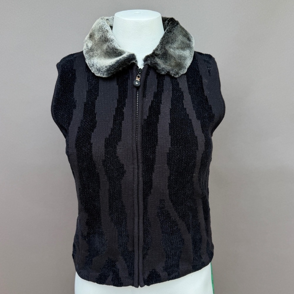 Haley Reserve Faux Fur Collar Sweater Vest M Black Tiger Stripe Zip Y2K Mob Wife